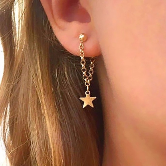 Jewelry - Star Chain Drop Hoop Gold Ear Jacket Earrings
